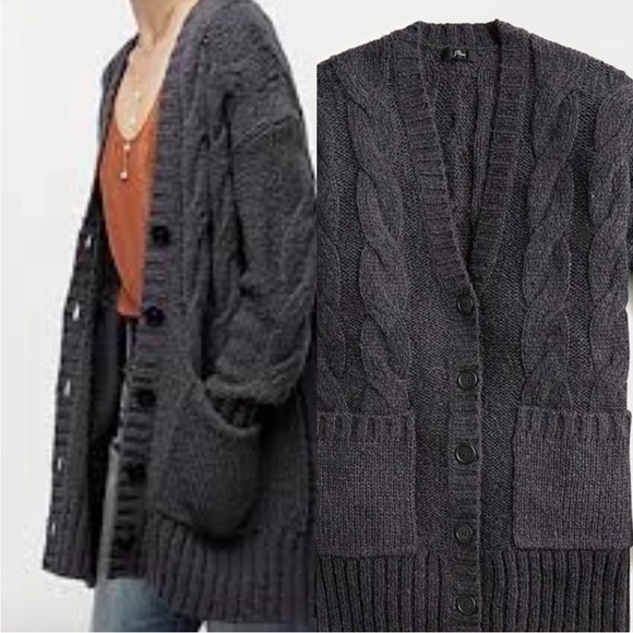 J Crew dark gray oversized cable knit cardigan medium wool alpaca blend EUC